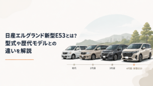 新型E53と歴代エルグランドのシルエットを並べた世代比較イメージ