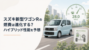 街中を走る次期型軽ハイトワゴンと燃費計、マイルドハイブリッドをイメージした構図