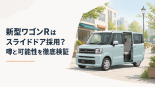 スライドドアを備えた新型軽ワゴンを想像させる明るい街中のシーン