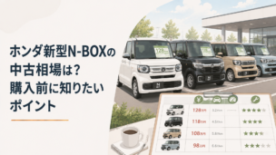 中古車販売店に並ぶ現行型ホンダN-BOXと価格表を比較するイメージ