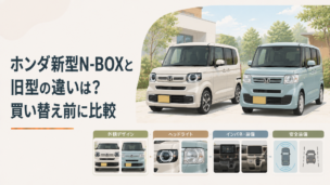 新型と旧型の軽スーパーハイトワゴンを並べて外観や装備の違いを比較する場面