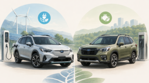 大型クロスオーバーSUVのシルエットと山道を組み合わせた新型アウトバック復活をイメージするシーン