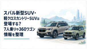 スバルの新型SUVをイメージした大型3列SUVとコンパクトな軽クロスカントリーSUVが並ぶ未来的なシーン