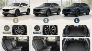 新型CX-5の3グレードと価格帯を比較するミドルSUV展示風景