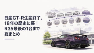 栃木工場を背景にしたミッドナイトパープルの高性能スポーツカーと18年間の歴史を象徴する情景