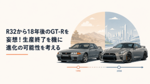 R32型GT-RとR35型GT-Rの進化を時間軸で対比するスポーツカーのイメージ