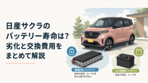 日産サクラをイメージした軽EVと駆動用バッテリー・12V補機バッテリーを比較するシーン