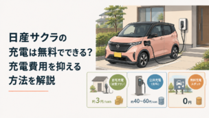 自宅で充電する日産サクラをイメージした軽EVと無料充電スポットや充電料金を比較するシーン