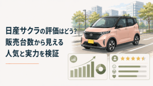 街中を静かに走る日産サクラと販売台数・ユーザー評価をイメージした軽EVのシーン