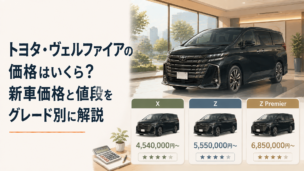 トヨタ・ヴェルファイアをイメージした高級ミニバンとグレード別価格を比較するシーン