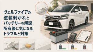 白い大型ミニバンの塗装状態とバッテリーを点検しているイメージ