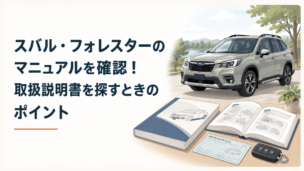 スバル・フォレスターをイメージしたSUVと、取扱説明書や車検証を確認している様子
