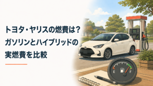 トヨタ・ヤリス級のコンパクトカーとガソリン給油機、燃費計をイメージしたシンプルなカーライフ風景