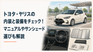明るい駐車場に停まるコンパクトカーと、運転席のメーターやディスプレイ、サンシェードをイメージしたカー用品