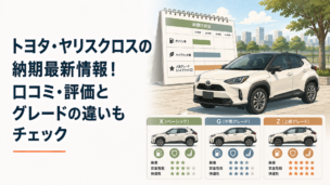トヨタ・ヤリスクロスをイメージしたコンパクトSUVと納期カレンダー、グレード比較を表現したシーン