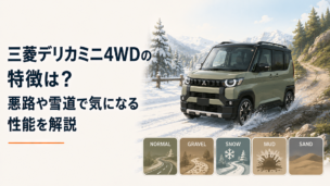 雪道と未舗装路を走るタフな軽スーパーハイトワゴンと5つのドライブモードをイメージしたシーン