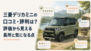 三菱デリカミニをイメージした軽スーパーハイトワゴンと口コミ評価を表す星や吹き出しのシーン