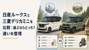 日産ルークスをイメージした軽スーパーハイトワゴンと三菱デリカミニをイメージした軽SUVを並べ、街乗りとアウトドア用途の違いを比較するシーン
