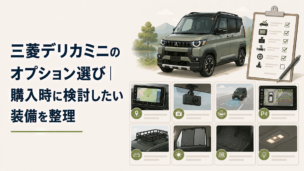 ホンダN-ONEをイメージした丸型ヘッドライトの軽ハッチバックと6速MT、中古車選びを表現したシーン