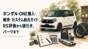 ホンダN-ONE RSをイメージしたスポーティな軽自動車とホイール、マフラー、メンテナンス用品を並べたカーライフ風景