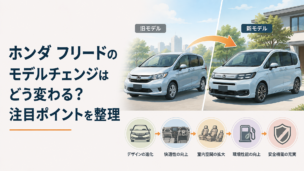 雪の駐車場に停まるコンパクトミニバンとスタッドレスタイヤを並べた冬のタイヤ選びのイメージ