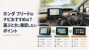 ホンダ フリードをイメージしたコンパクトミニバンのエンジンルームと12Vバッテリー、工具を並べたメンテナンス風景