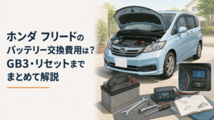 フリードプラスをイメージしたコンパクトミニバンと中古車選びを表すキーやチェックリストのある明るい駐車場