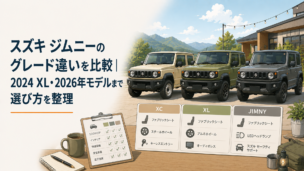 スズキ ジムニーをイメージした3台のコンパクト四輪駆動車を並べ、グレードごとの装備差を比較する明るいシーン