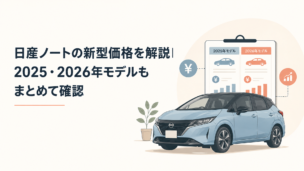 日産ノートをイメージしたコンパクトカーと2025年・2026年モデルの価格比較を表現したシーン