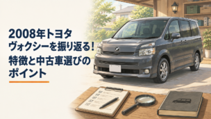 2008年式ミドルサイズミニバンをイメージした車と中古車選びを象徴する落ち着いたガレージ風景