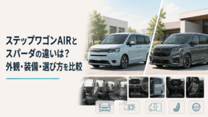 赤いミドルサイズミニバンを斜め前から眺めたシンプルで上質なカーライフイメージ
