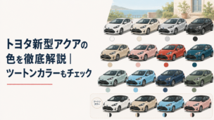 ハンマーヘッド風のシャープなフロントデザインを持つ新型ハイブリッドコンパクトカーと街中の道路